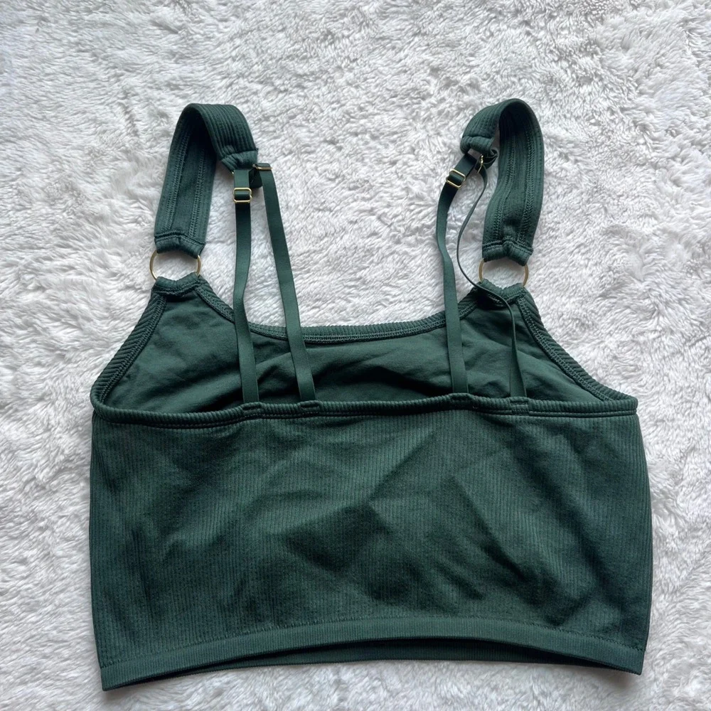 Aerie Womens XL Forest Green Ribbed Seamless Bralette O-Ring Straps Crop Top NEW